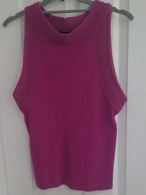 Ann Taylor Sleeveless Ribbed Knit Tank with Crochet Trim - Magenta